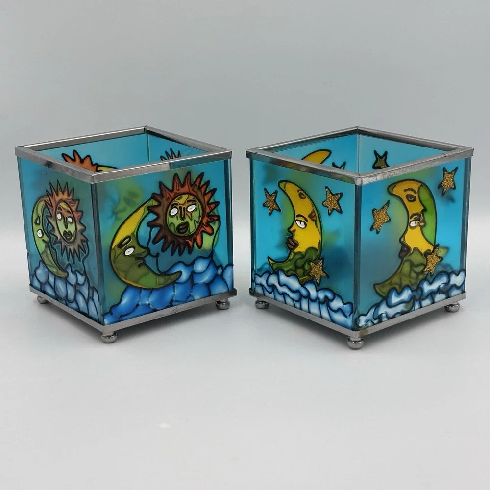VINTAGE CELESTIAL SUN & MOON VOTIVE BURNERS CANDLE HOLDERS LOT OF 2